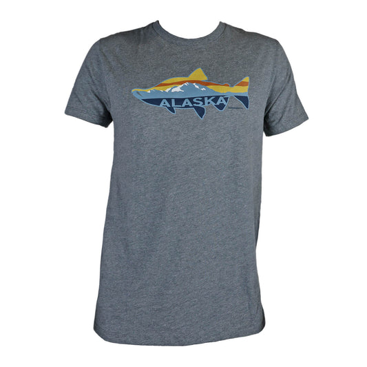 The front of a gray tee with a salmon silhouette filled with mountains, sunset sky, and "Alaska."