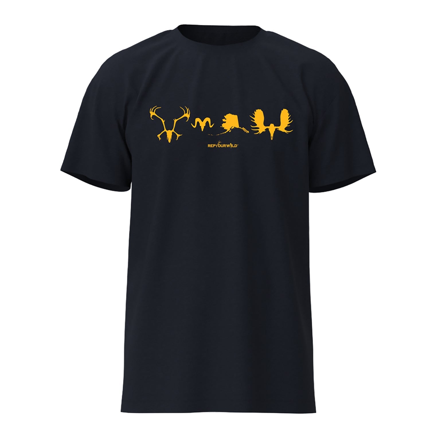 dark navy shirt with skulls of caribou, ram, moose and alaska state silhouette on the front in yellow