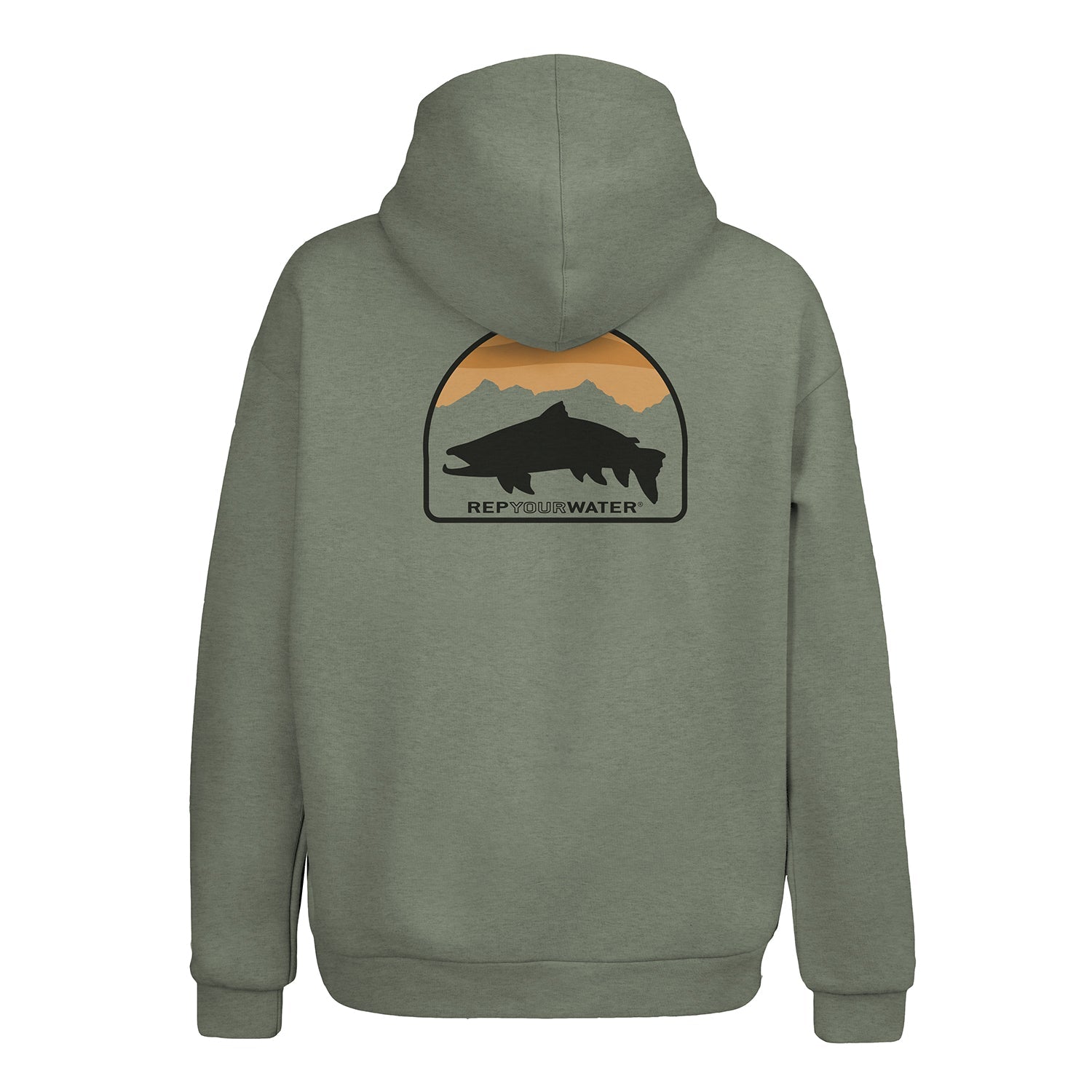 light green hoodie with a badge on the back showing a sunset, mountain range, and trout silhouette, the words rep your water are on the bottom of the badge