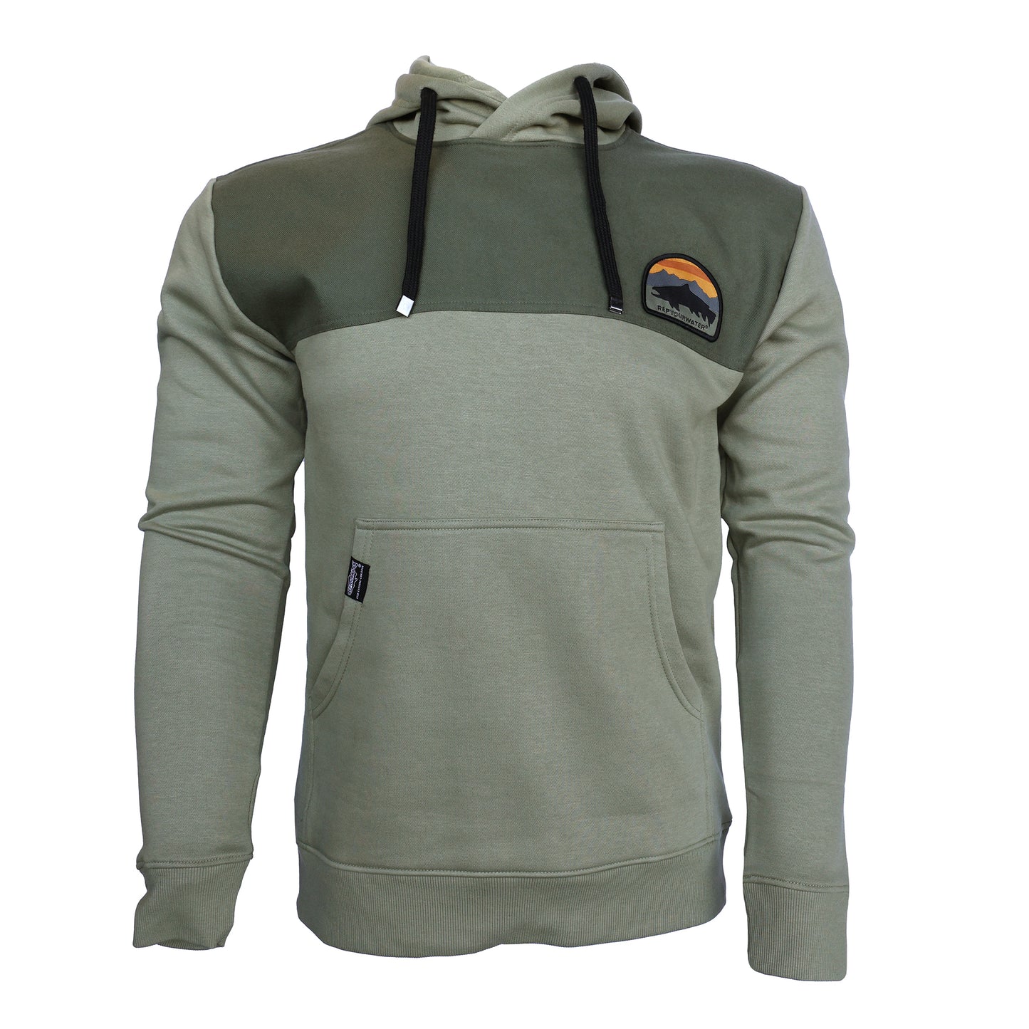 light green and dark green yoke hoodie with a badge showing a sunset, mountain range, and trout silhouette, the words rep your water are on the bottom of the badge on the front left chest.