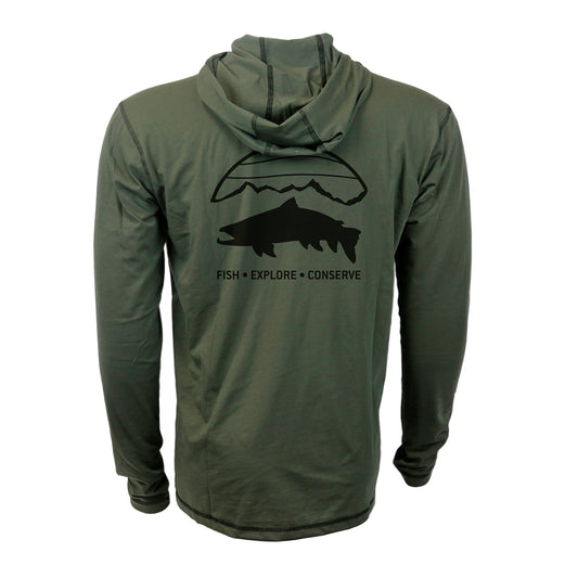 a green hoody has an image on the back of a black trout underneath a mountain scape with the words fish explore conserve underneath