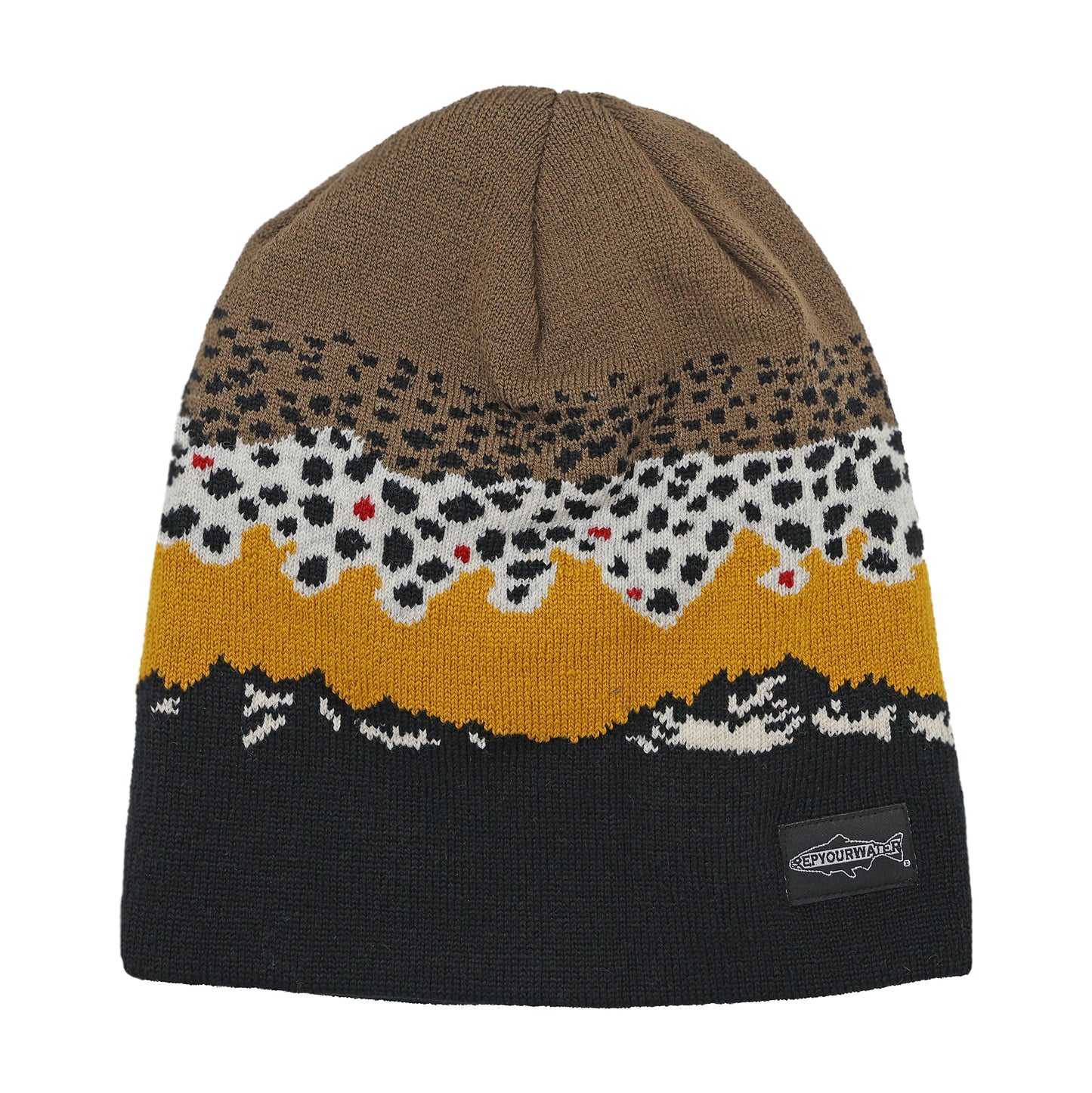 beanie skullcap with black mountains and brown trout pattern sunset