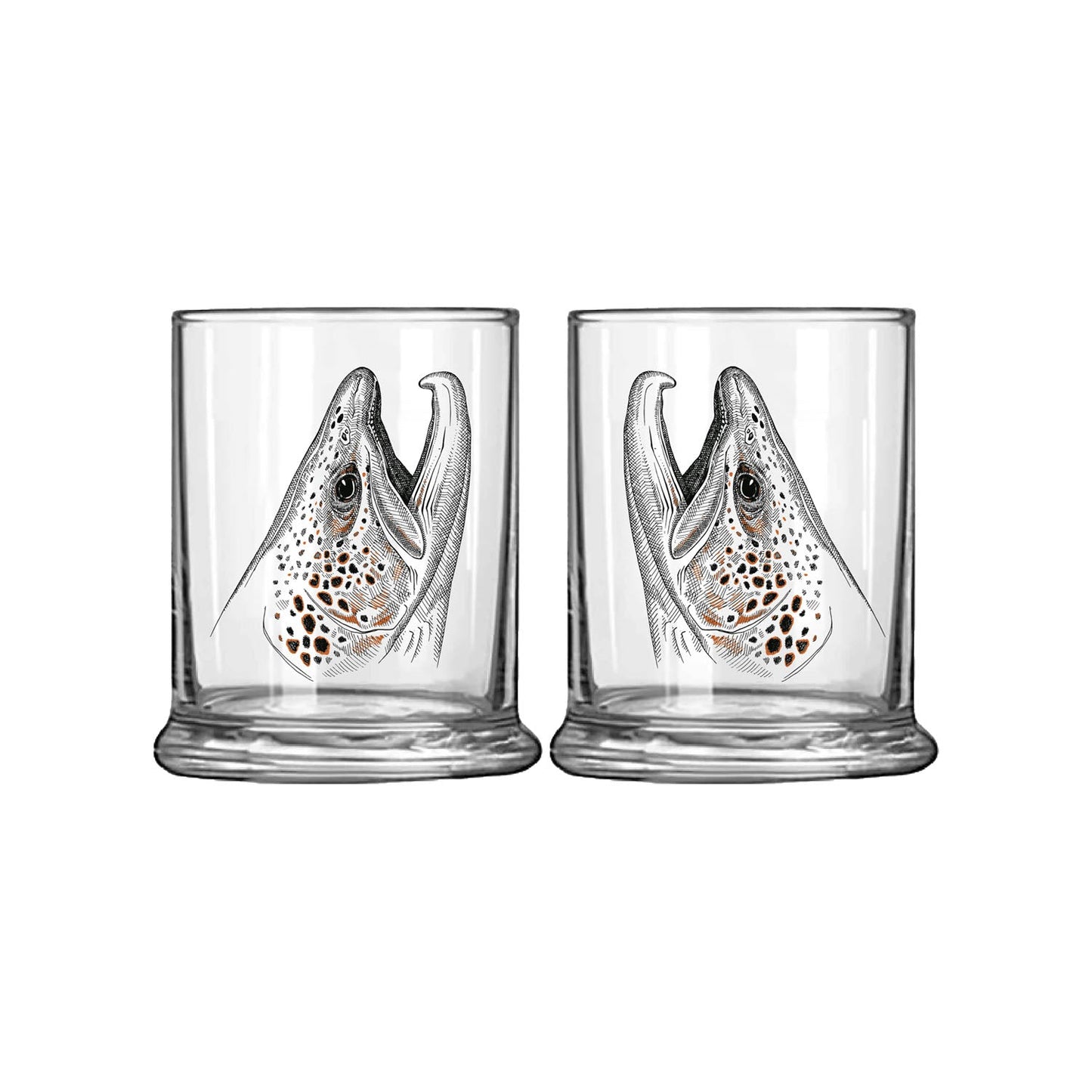 Low ball glass with rising brown trout head in black and orange ink