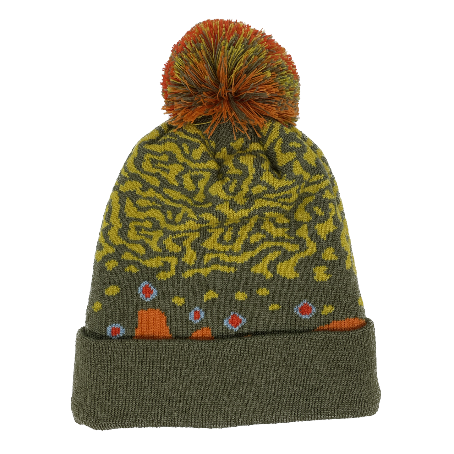 Brook trout pattern knit hat with a poof ball on the top