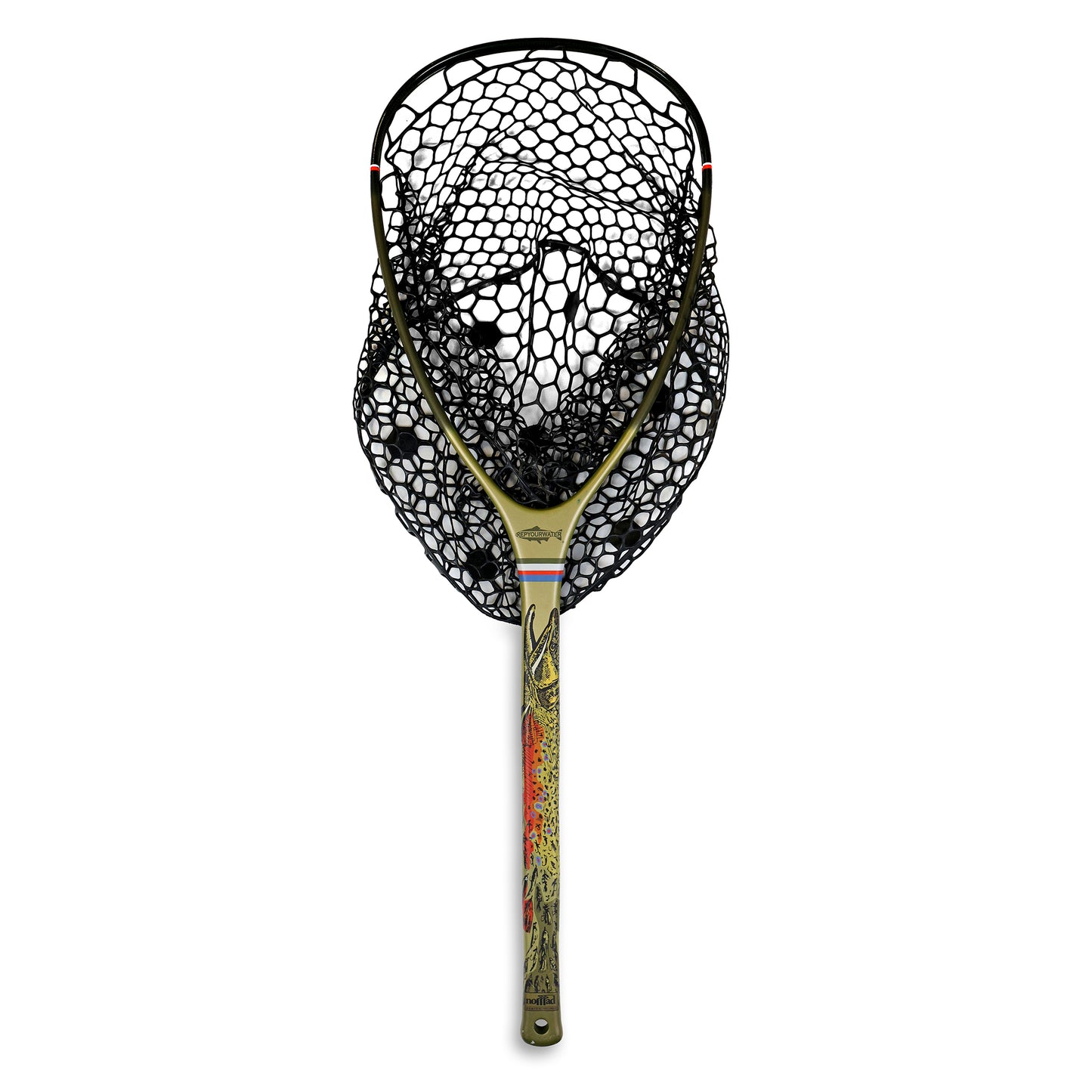 Fishpond midlength net with green and repyourwater logo at the base of the hoop. A drawing of a brooktrout that fades to flies towards the handle. The net has a black net