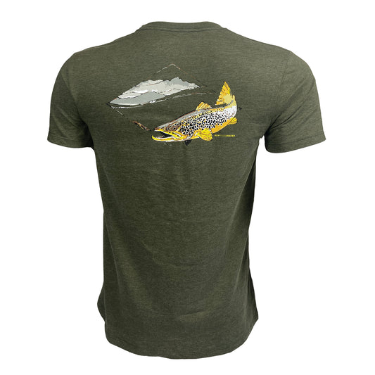Green tee shown from the back with artistically rendered brown trout and mountains across the shoulder blades.
