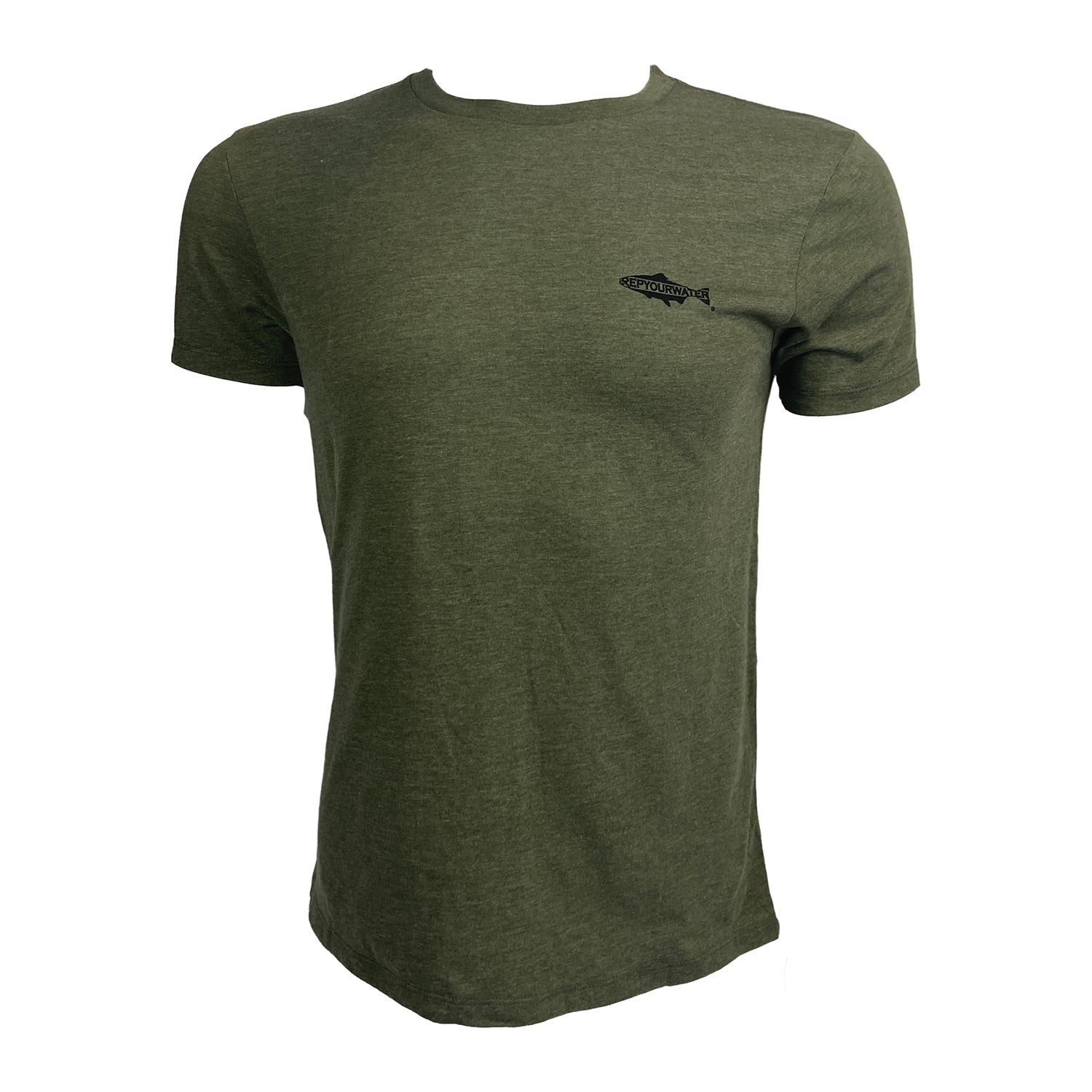 Green tee shown from the front with Rep Your Water logo on wearer's left chest.