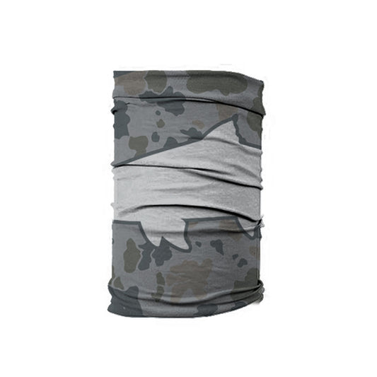 a neck gaiter featuring a light gray trout on top of a camo pattern