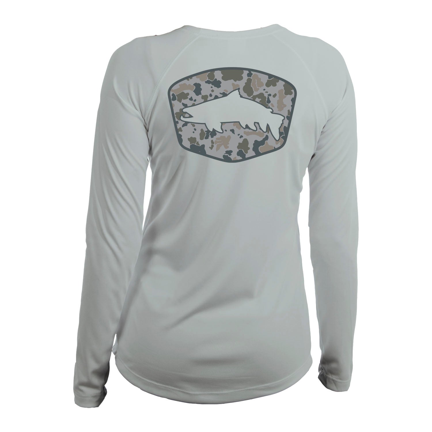 A gray long sleeved shirt with a trout silhouette inside a badge filled with camo pattern