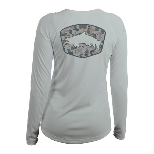 A gray long sleeved shirt with a trout silhouette inside a badge filled with camo pattern