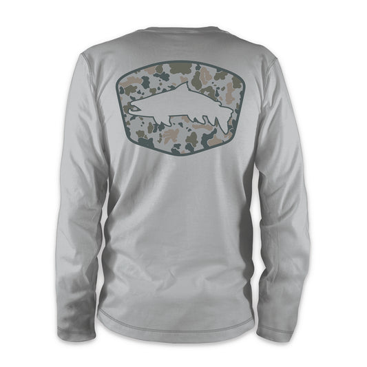 The back of a gray longsleeved shirt has a block of camo print with a gray trout inside