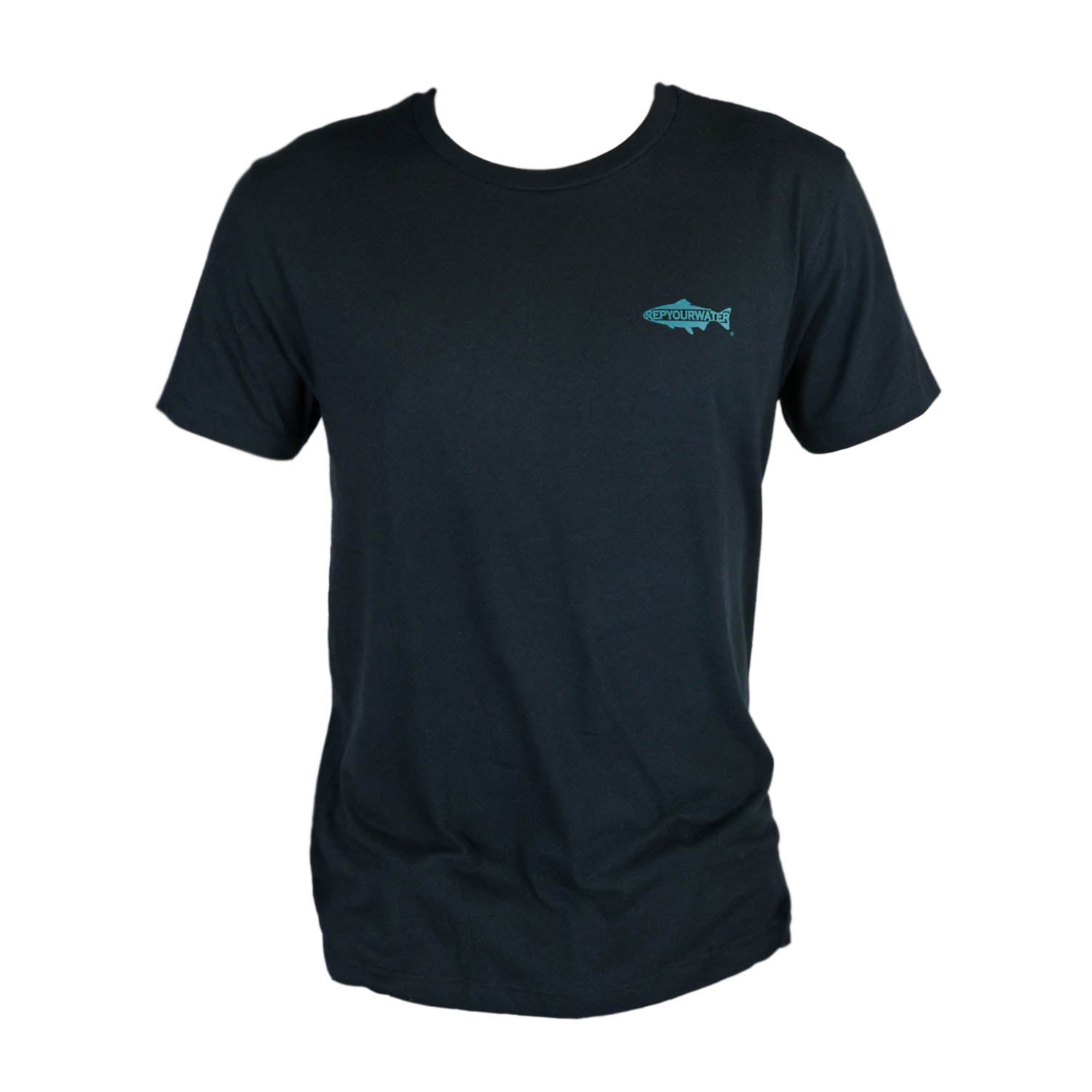 Front of black shirt with fish silhouette that reads repyourwater in teal
