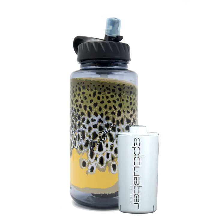 Plastic water bottle featuring a brown trout design with the Epic everywhere filter.