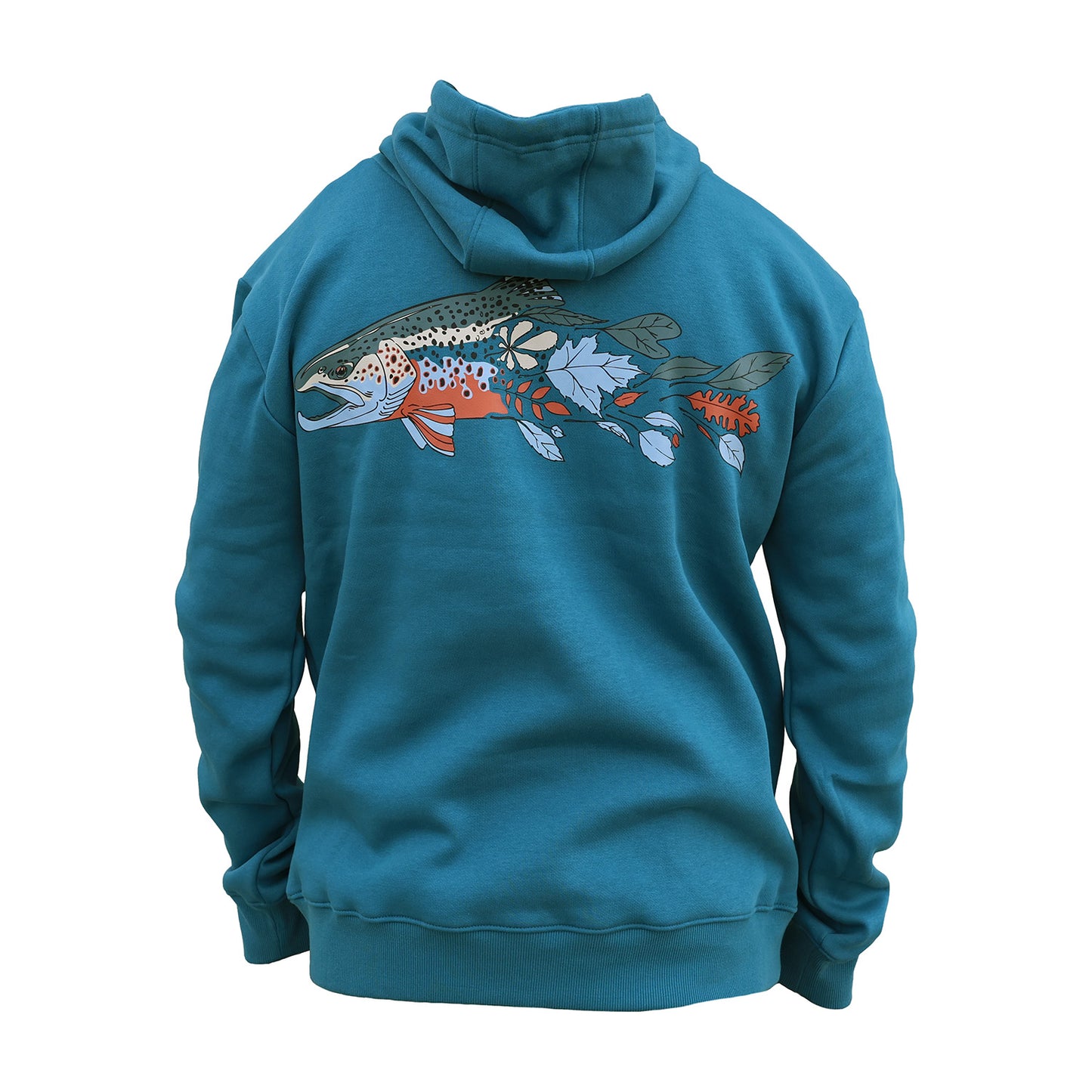 Hoodie blue with fall brown trout transitioning into autumn leaves back graphic