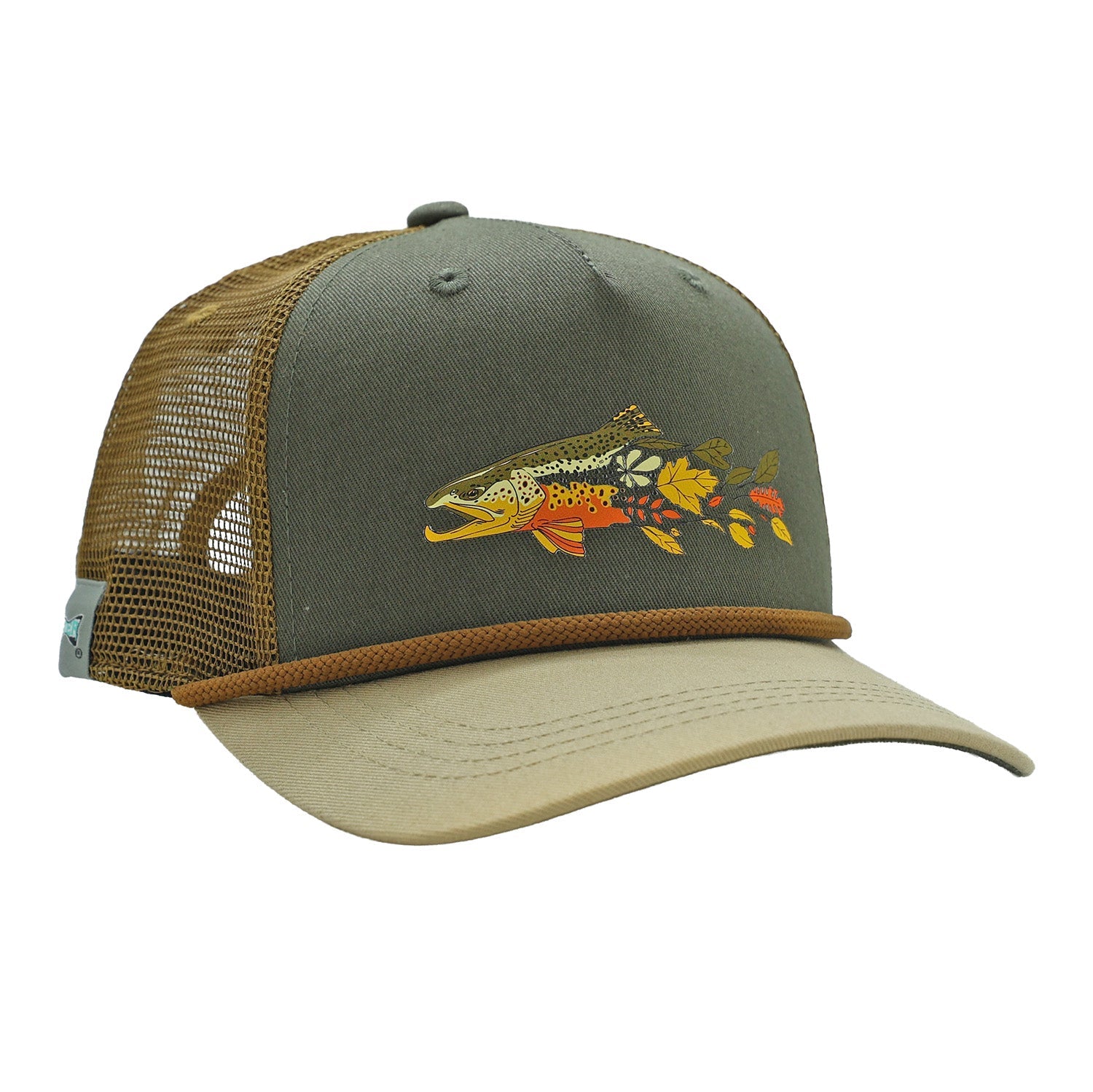 Green and brown hat with fall brown trout transitioning into autumn leaves