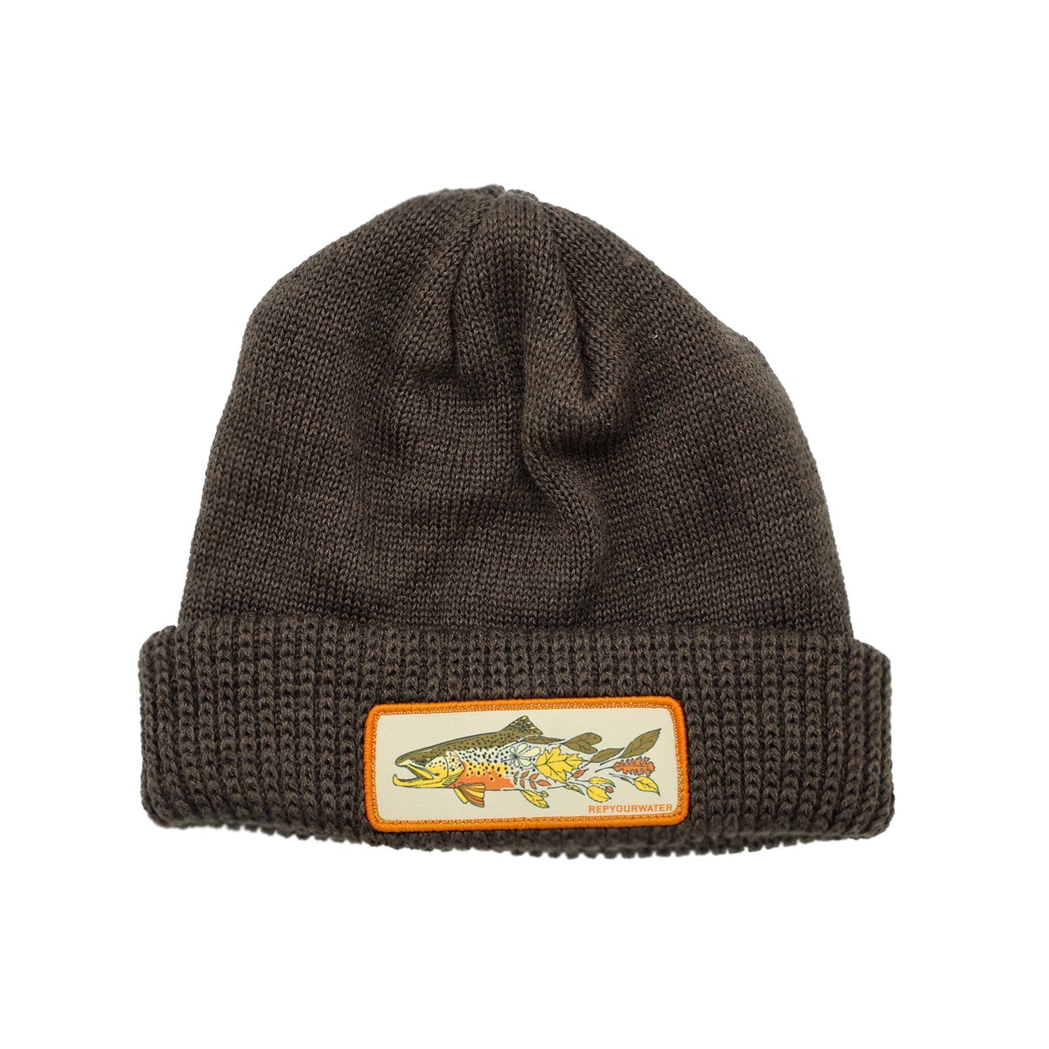 Brown knit hat with patch fall brown trout transitioning into autumn leaves