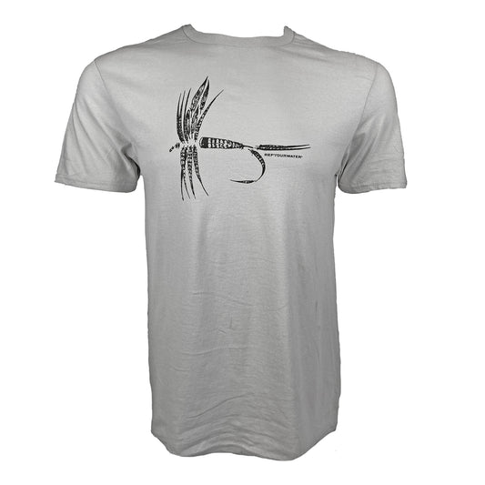 Gray tee shown from the front with artistically rendered dry fly shape made with feathers across the chest.