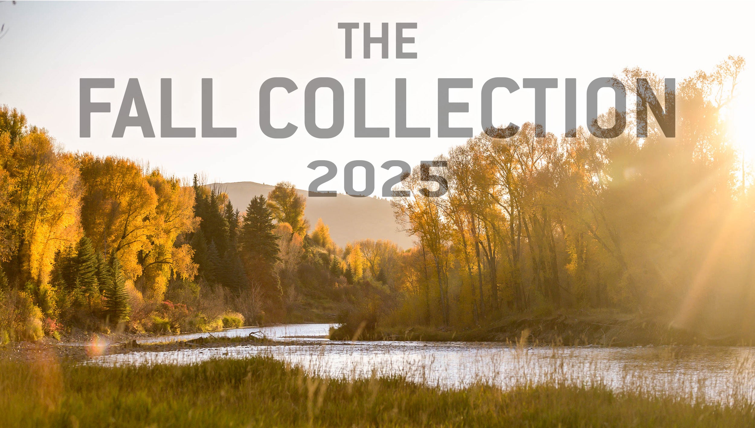 A photo of a river during golden hour lighting and trees changing color in the fall. Text over the image that reads " THE FALL COLLECTION 2025"