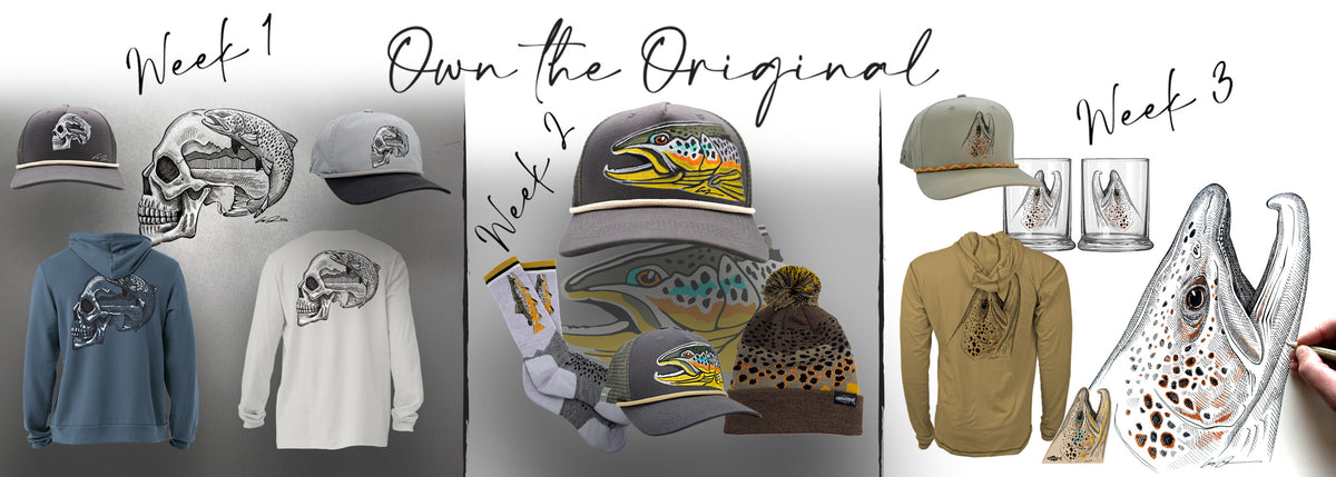 A promotional collage showing apparel and accessories across three labeled stages: Week 1, Own the Original, and Week 3. The designs feature fish and bird illustrations, including a blue hoodie, white sweatshirt, gray cap, tan beanie, and matching hoodies and glasses.
