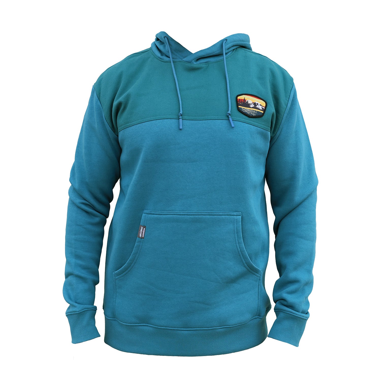 Blue hoodie with a sunset and mountain patch on the chest against a white background