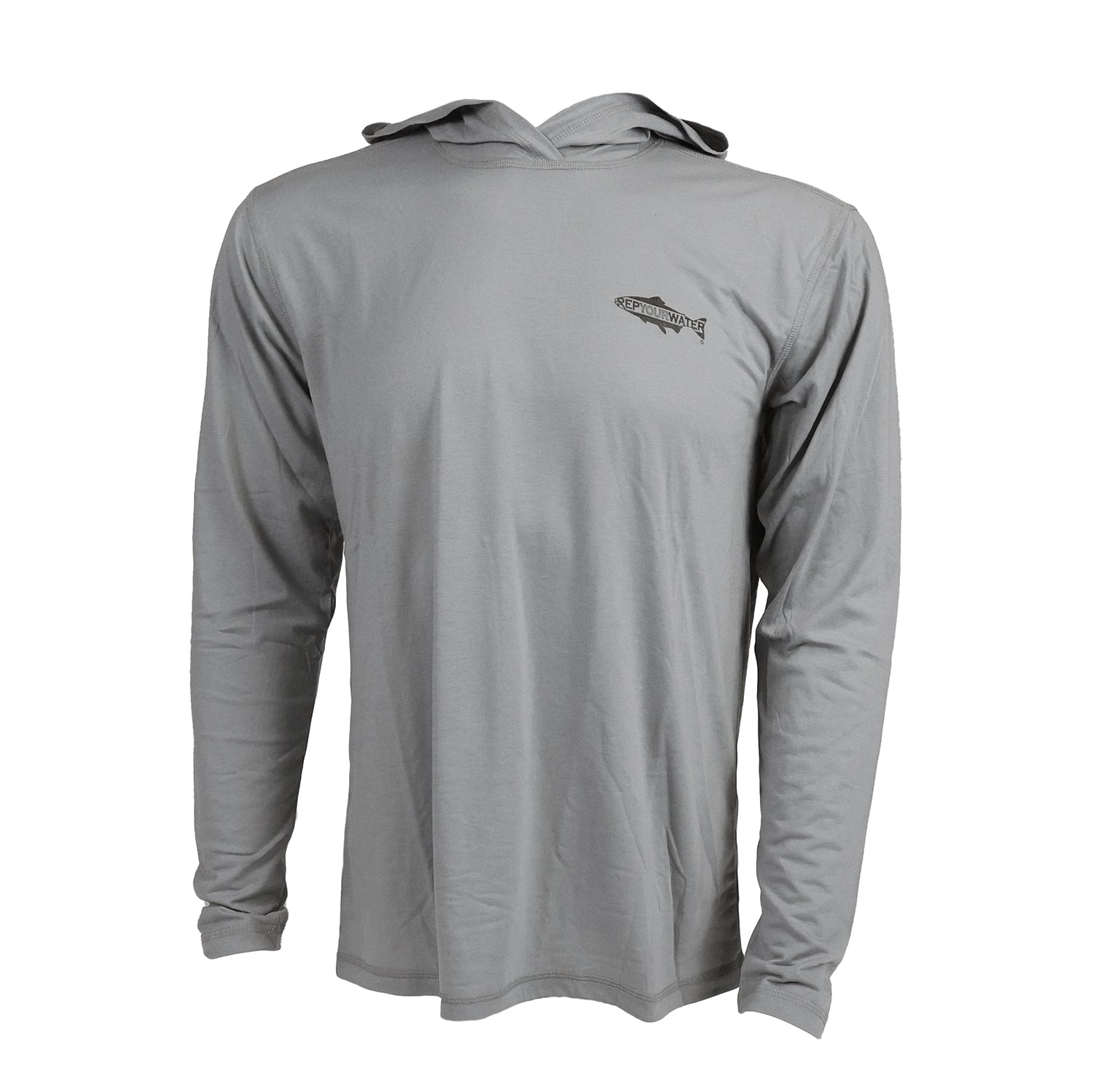 front of gray sun hoody with repyourwater text and fish logo on left chest