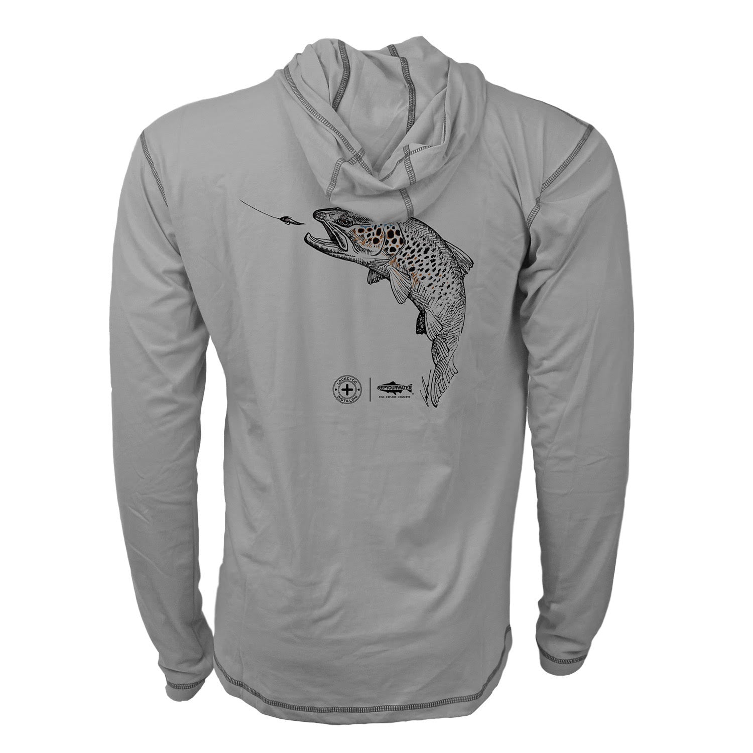 Gray merino breeze sun hoody with a brown trout eating a streamer on the back made in collaboration with locke and co distilling. repyourwater logo and locke and co logo below the brown trout in black.