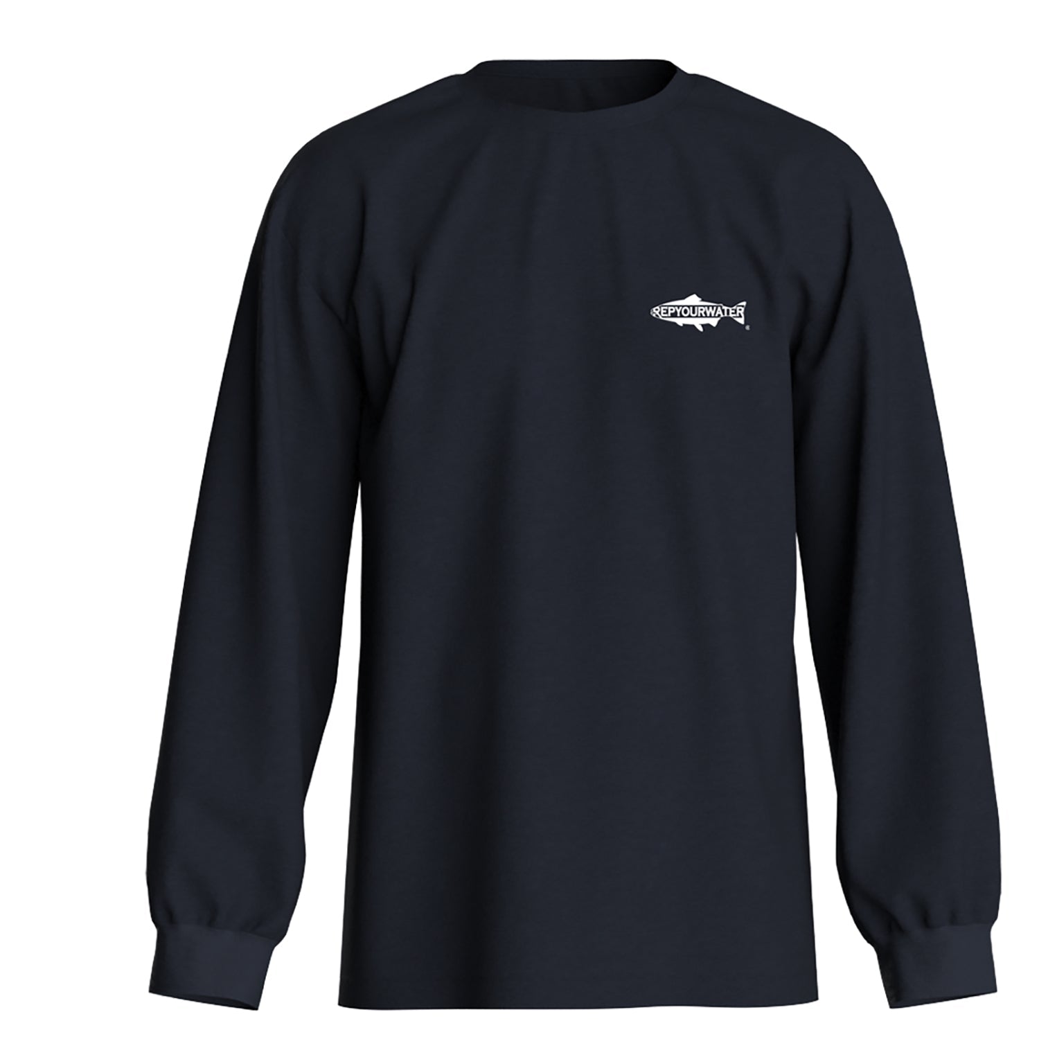 dark navy long sleeve shirt with a trout silhouette and words rep your water in white on the front left chest