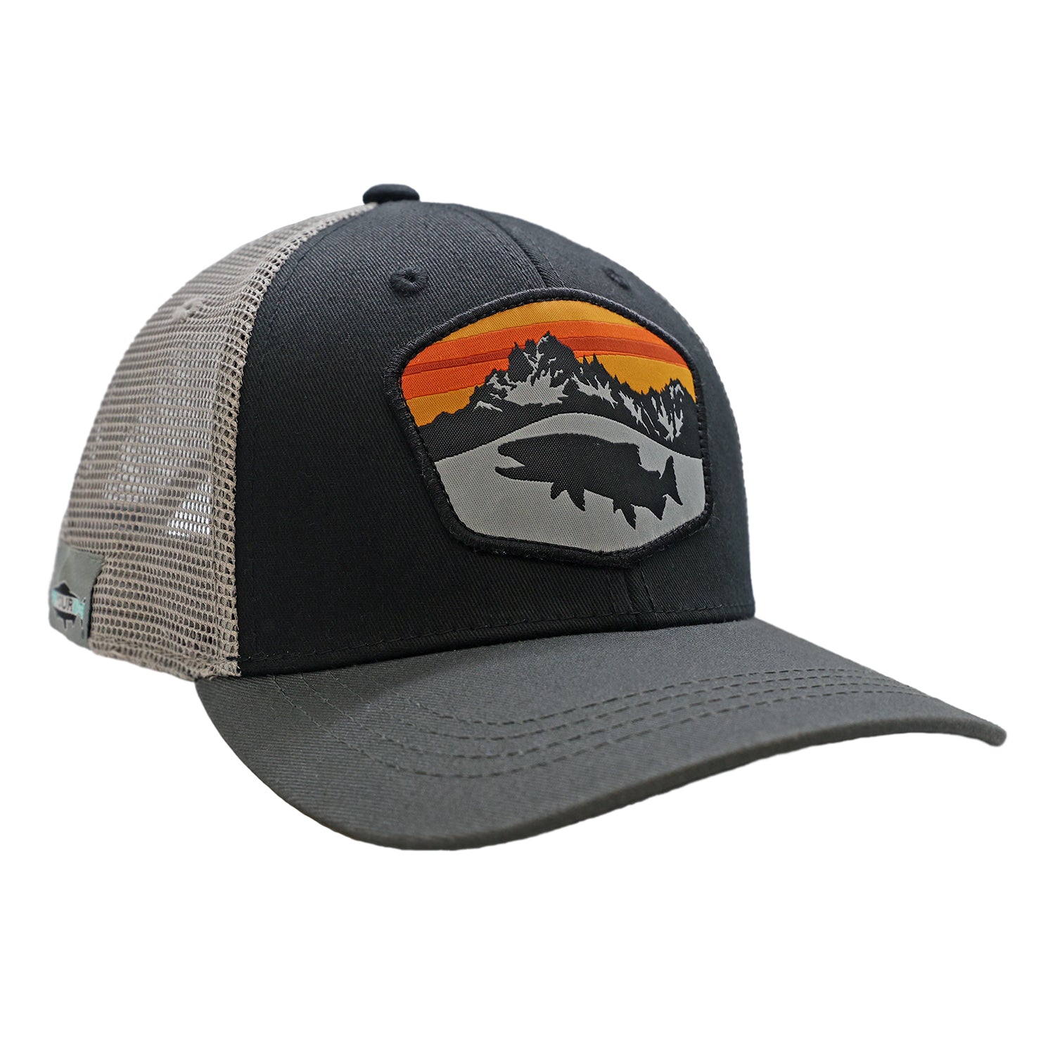 A hat with white mesh back, gray bill, and black front. The front design has a trout silhouette, water, mountains, and sunset skies.