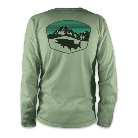 The back  light green longsleeved shirt features a trout under a mountain scape