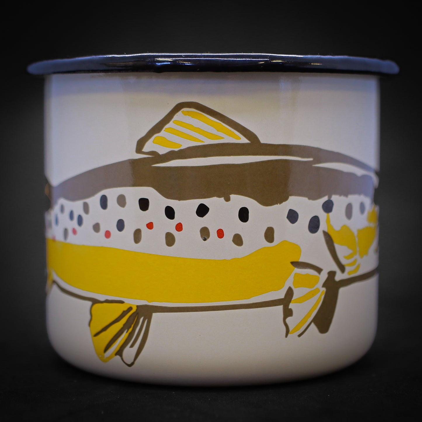 a mug featuring a brown trout on a cream background