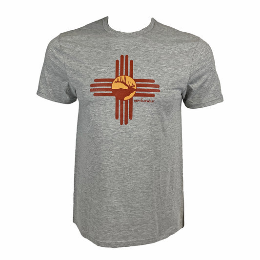 Gray tee shown from the front with New Mexico sunburst and elk silhouette centered on the chest.