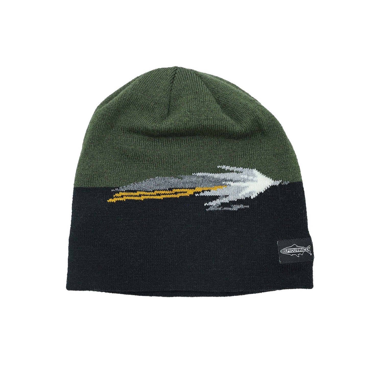 Black and gray knit hat with streamer