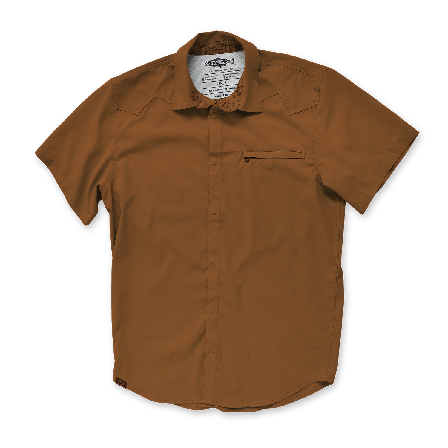 teak short sleeve button down shirt front on white back ground
