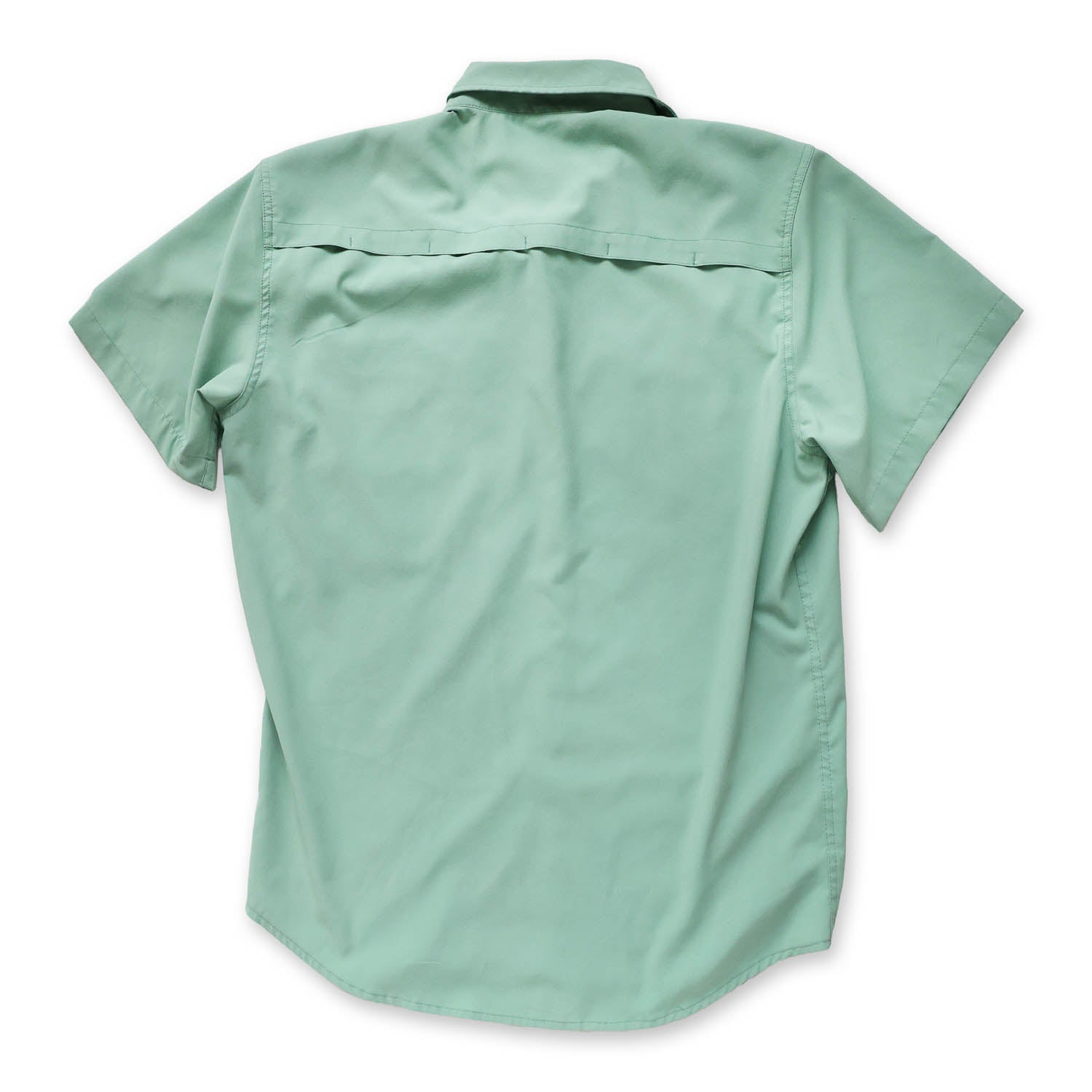 light green/cenote short-sleeve button down shirt showing the ventilated back on a white background