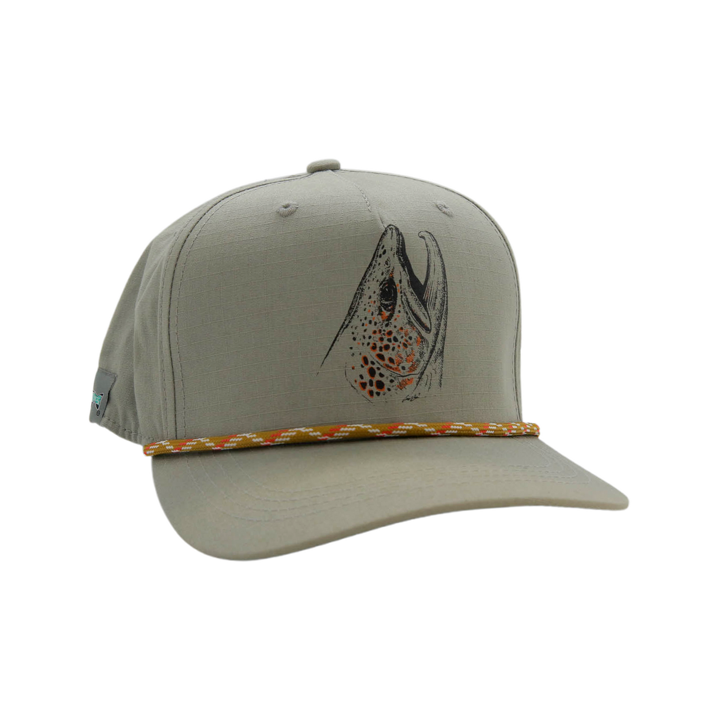 GRay hat with multi color rope and a trout head on the front