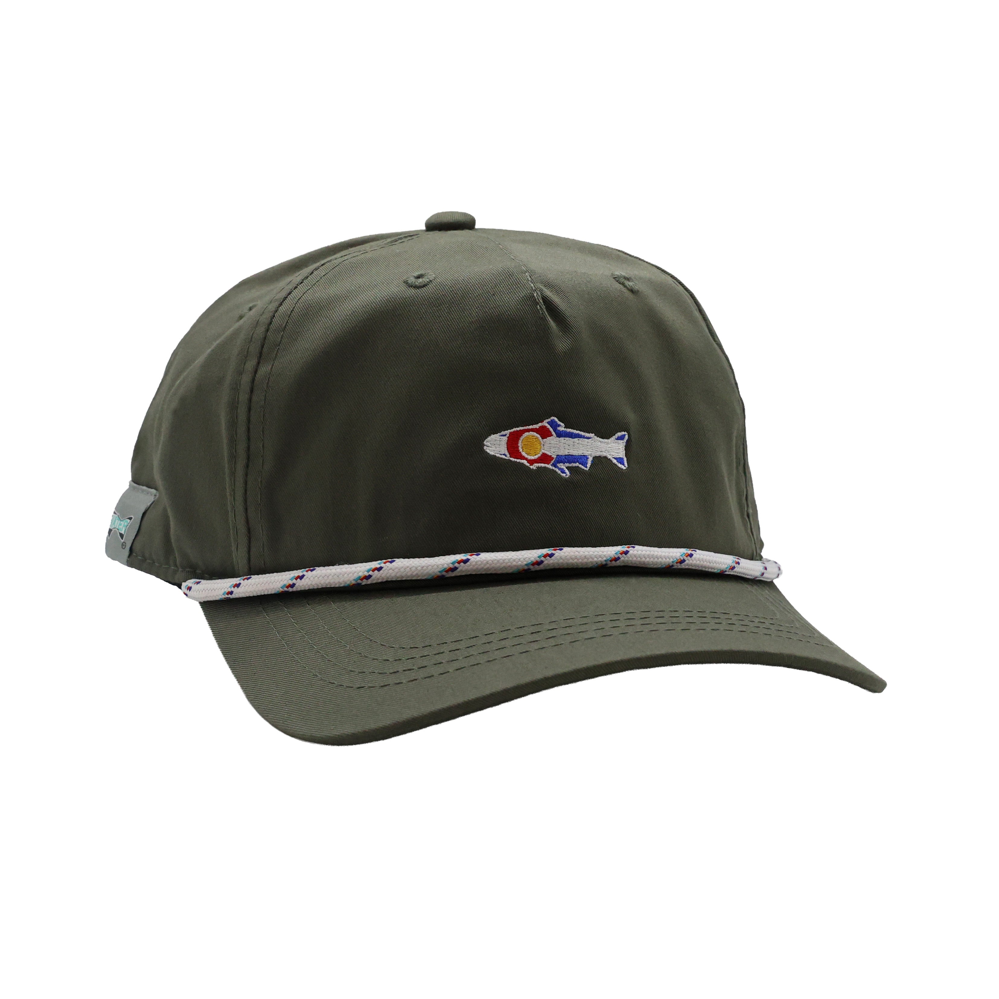 Gray and black trucker hat with tree ring pattern front panel and black fish silhouette logo