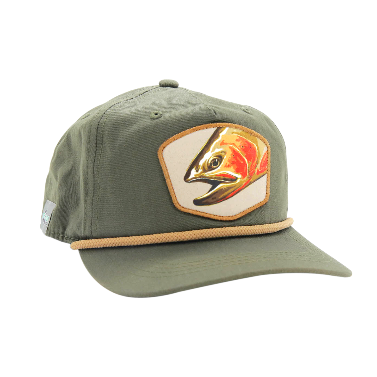 Green hat with gold rope with a patch in the front that shows a cutthroat trout head