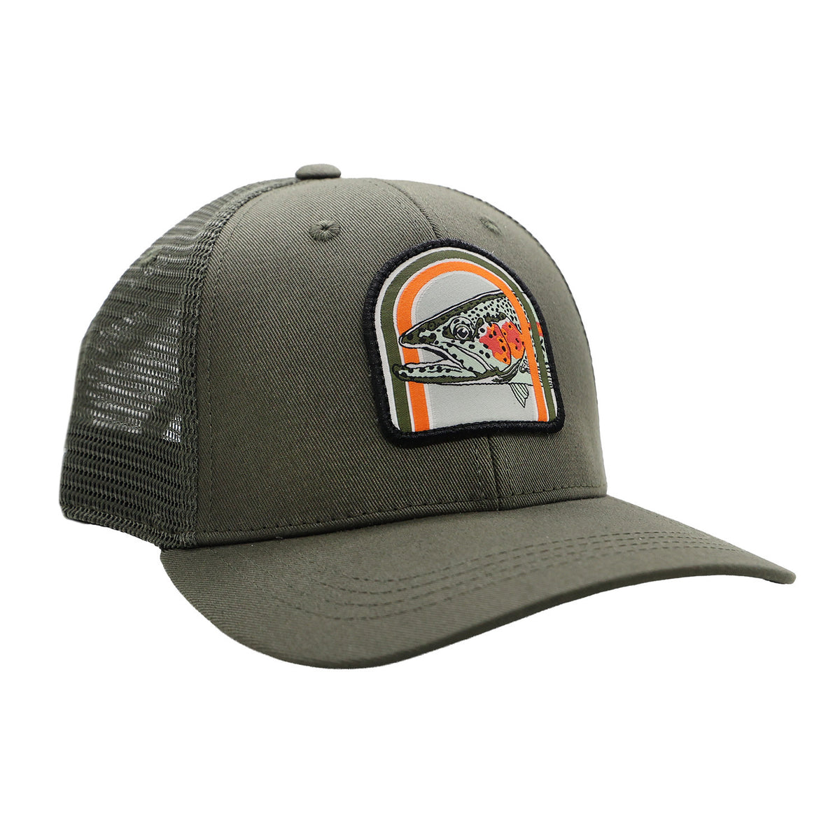 Green hat with a meh back with a patch of a rainbow trout head and two retro stripe arches.