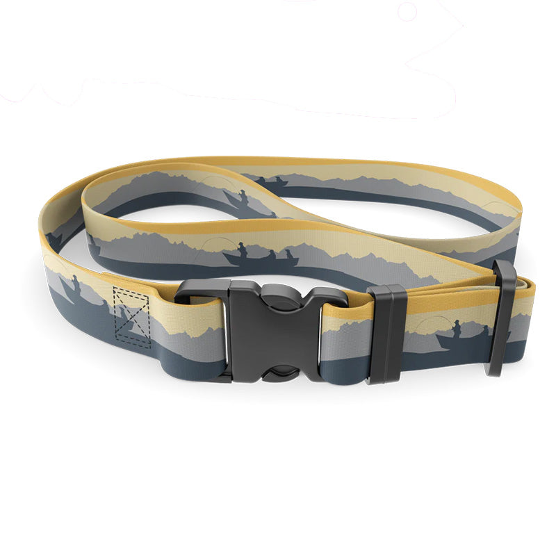 wading belt with black buckle with silhouette a mountain range in the background and 3 people fishing from a bot in the foreground