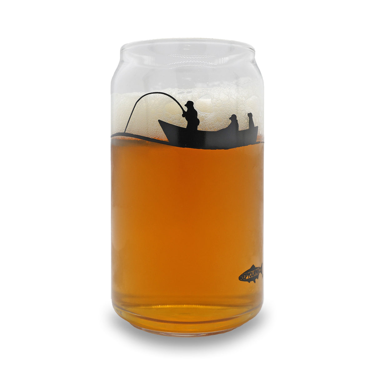 a beer can style glass with a silhouette of people fishing off of a drift boat with beer in the glass