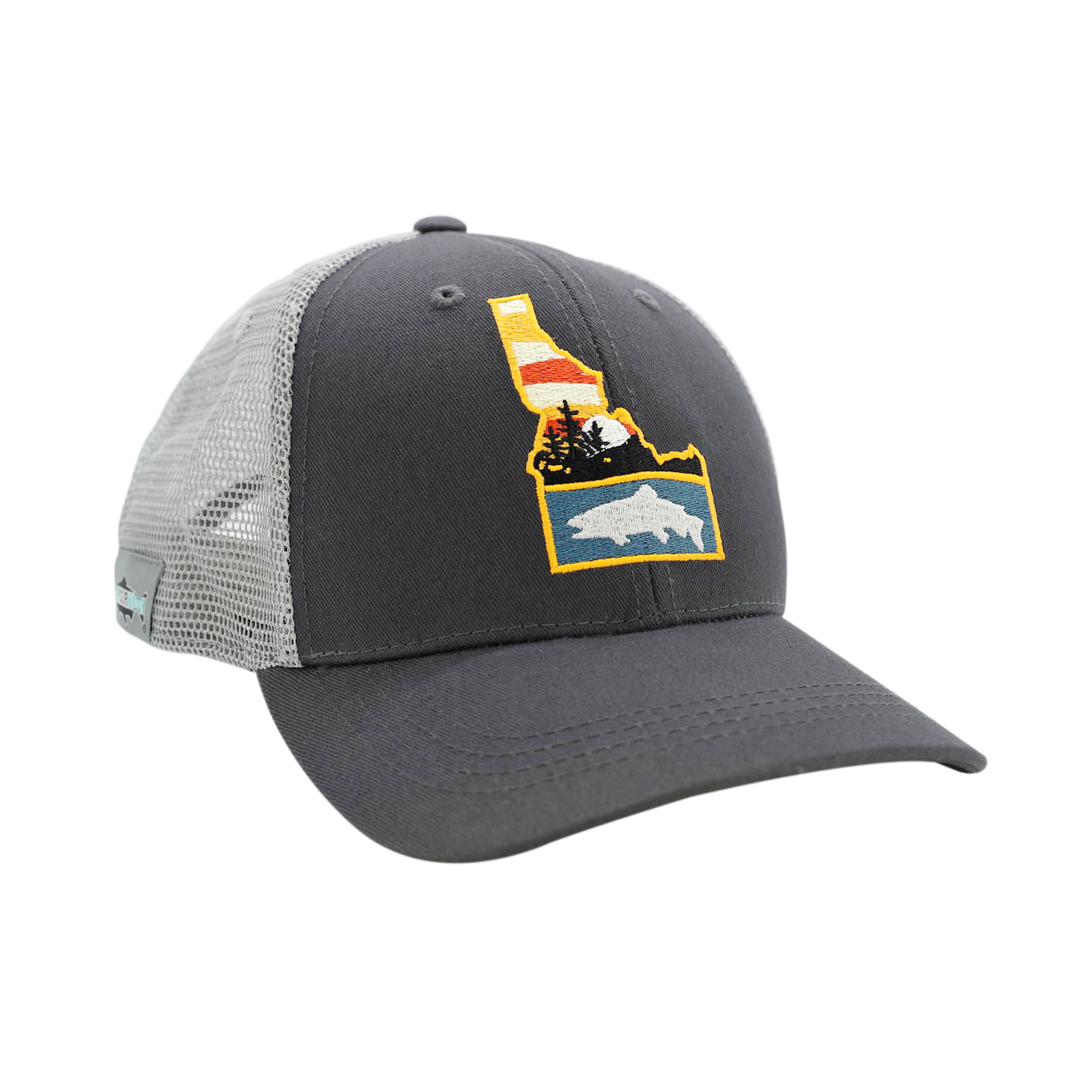 gray front and light gray mesh back repyourwater hat with the state of idaho on the front and a sunset mountain scape and trout silhouette inside.