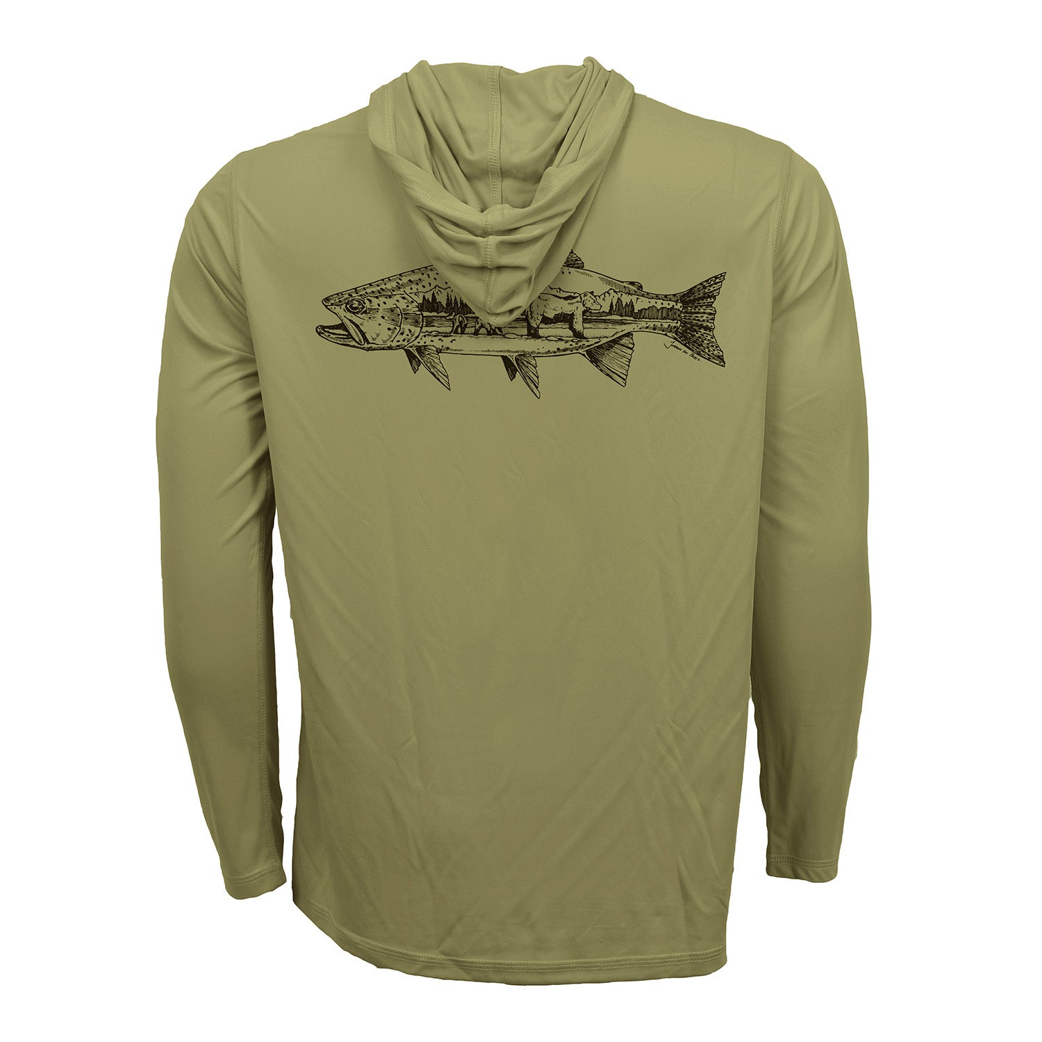 Repyourwater Sage green eco50 sun hoody with a trout on the back with bears and mountain inside it drawn called Grizzly Trout