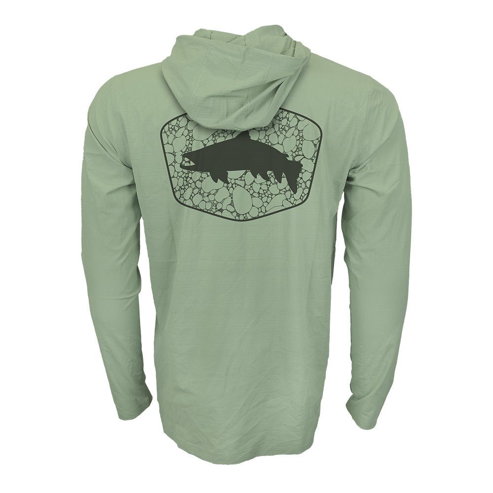 Lichen green hooded long-sleeve sun shirt featuring a trout silhouette inside a rounded badge with river stone pattern on the back.