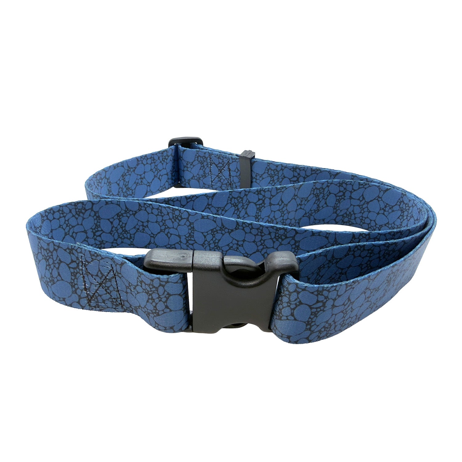 Blue river rock patterned belt with a black buckle on a white background