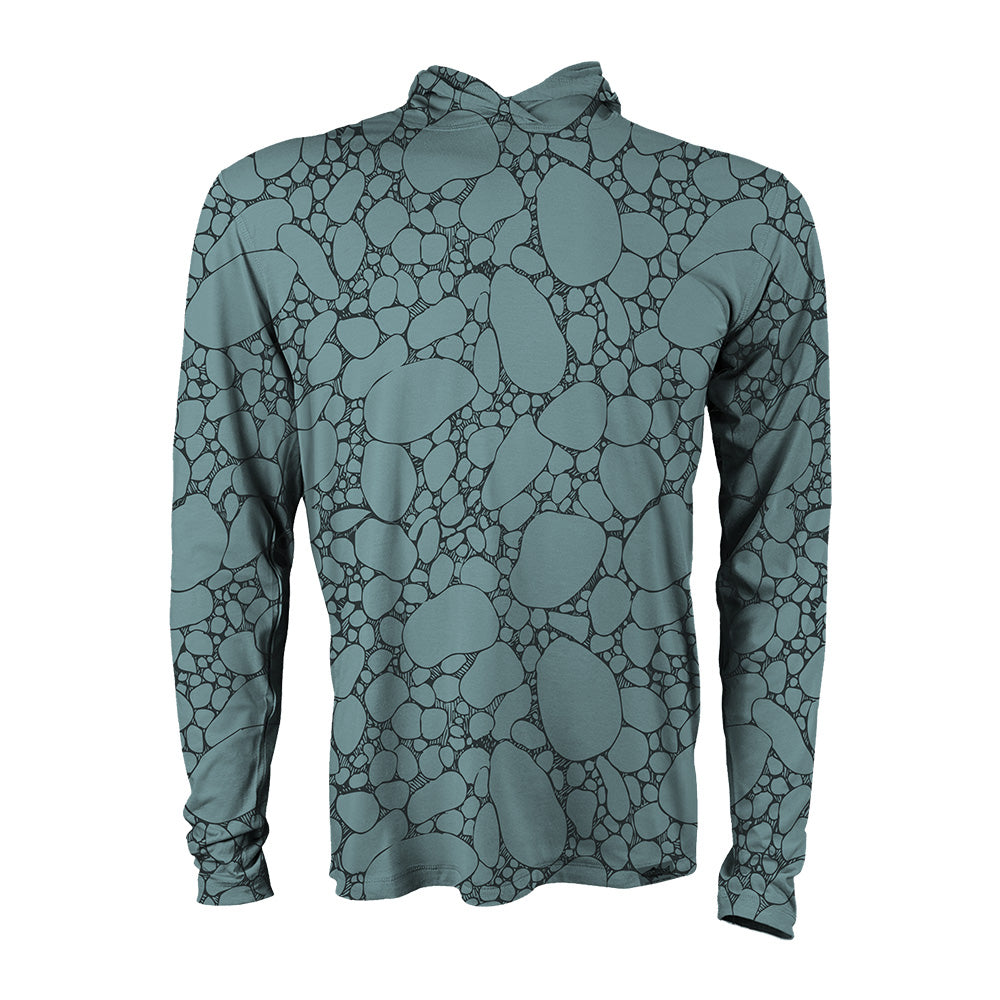 Blue hooded sun shirt with river stone pattern covering the front.