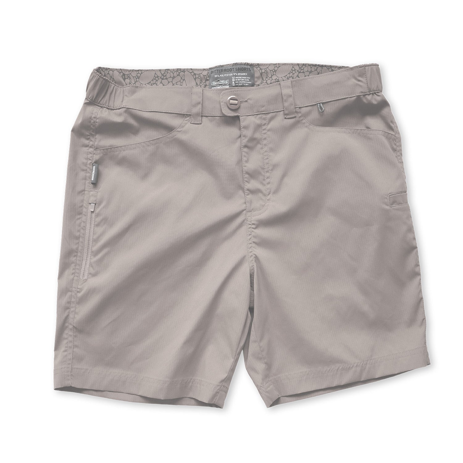 front of light gray shorts on a white background