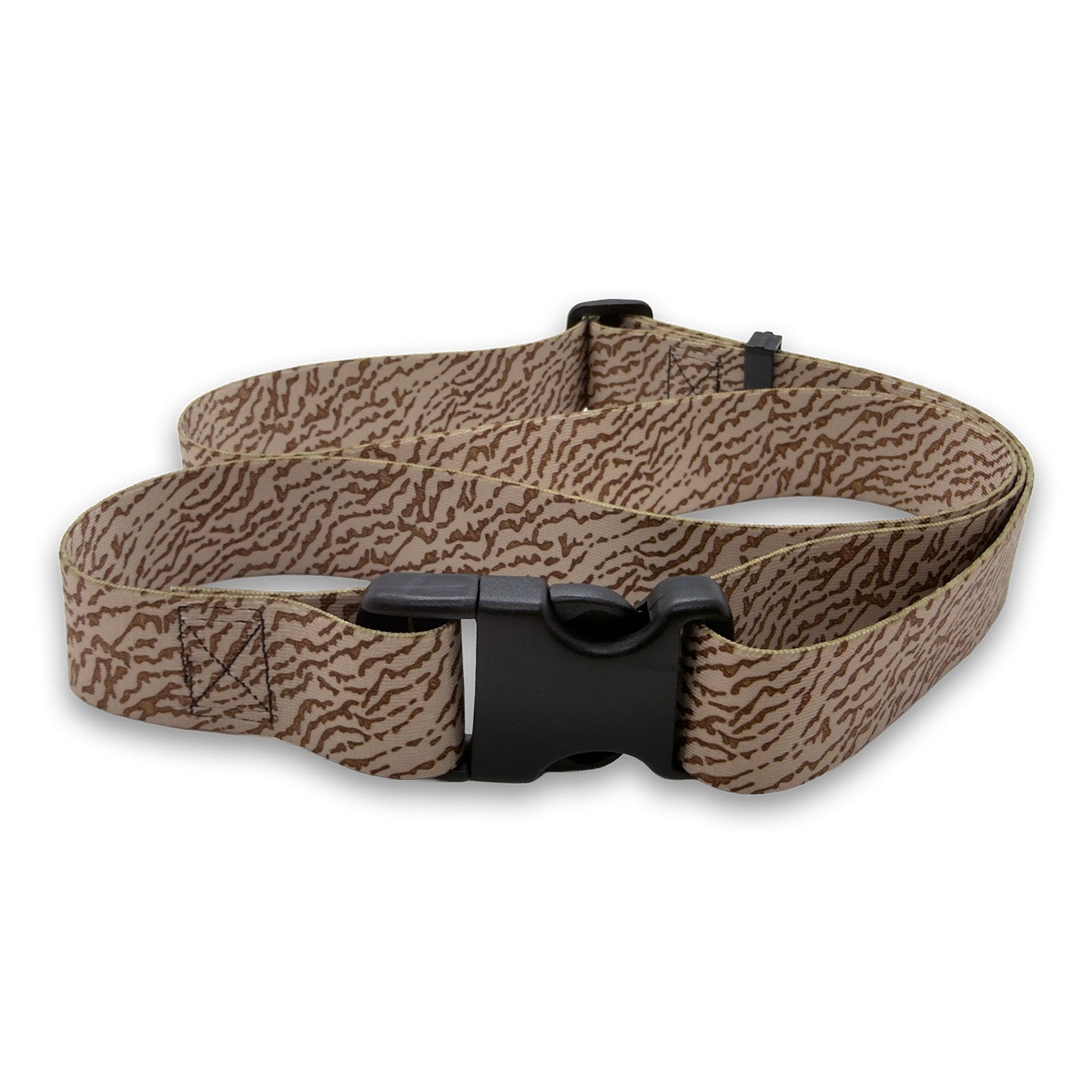 Brown patterned belt with a black buckle on a white background