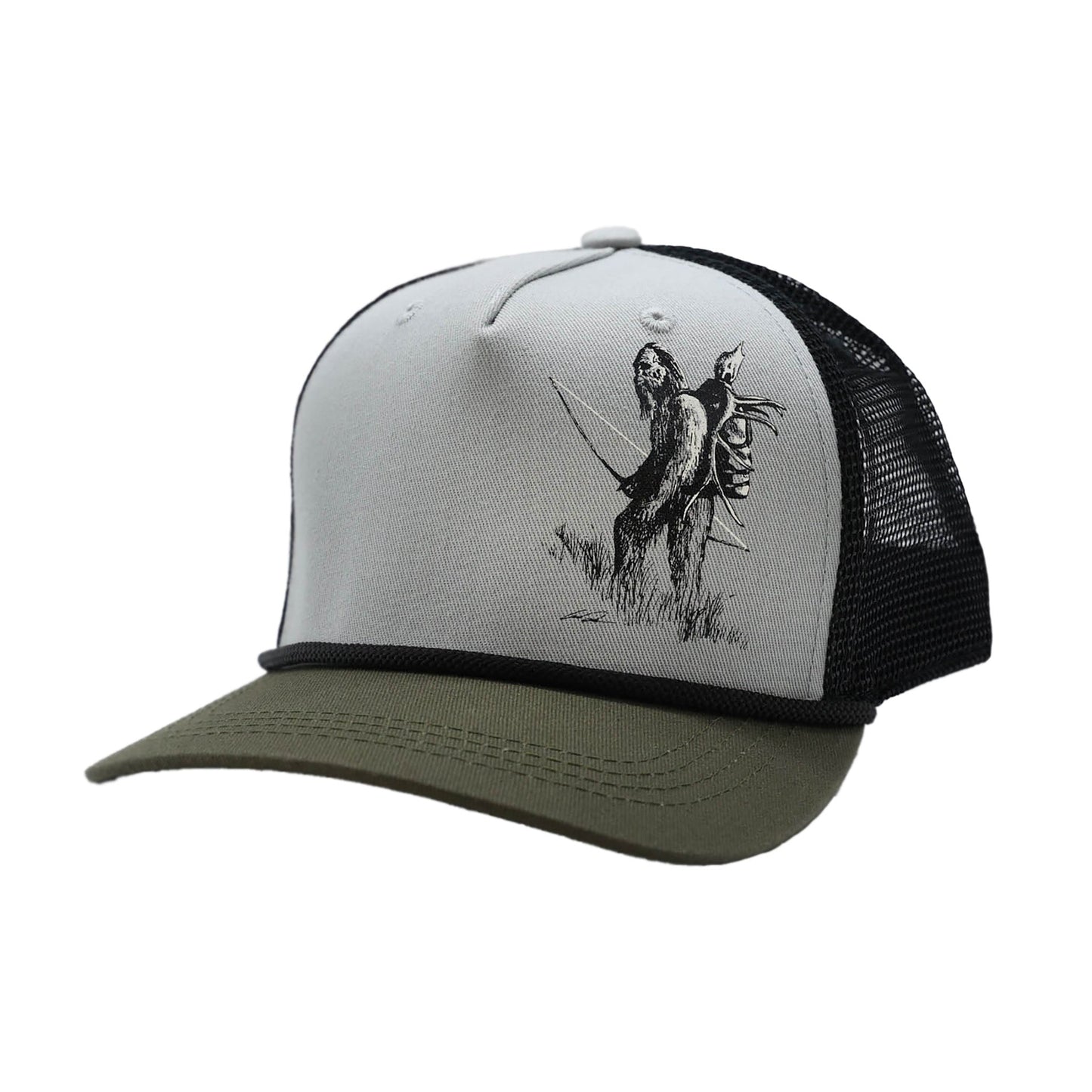 Gray hat with green bill, and black mesh back hat with a drawing of sasquatch with a bow and elk head on the front in black and white ink