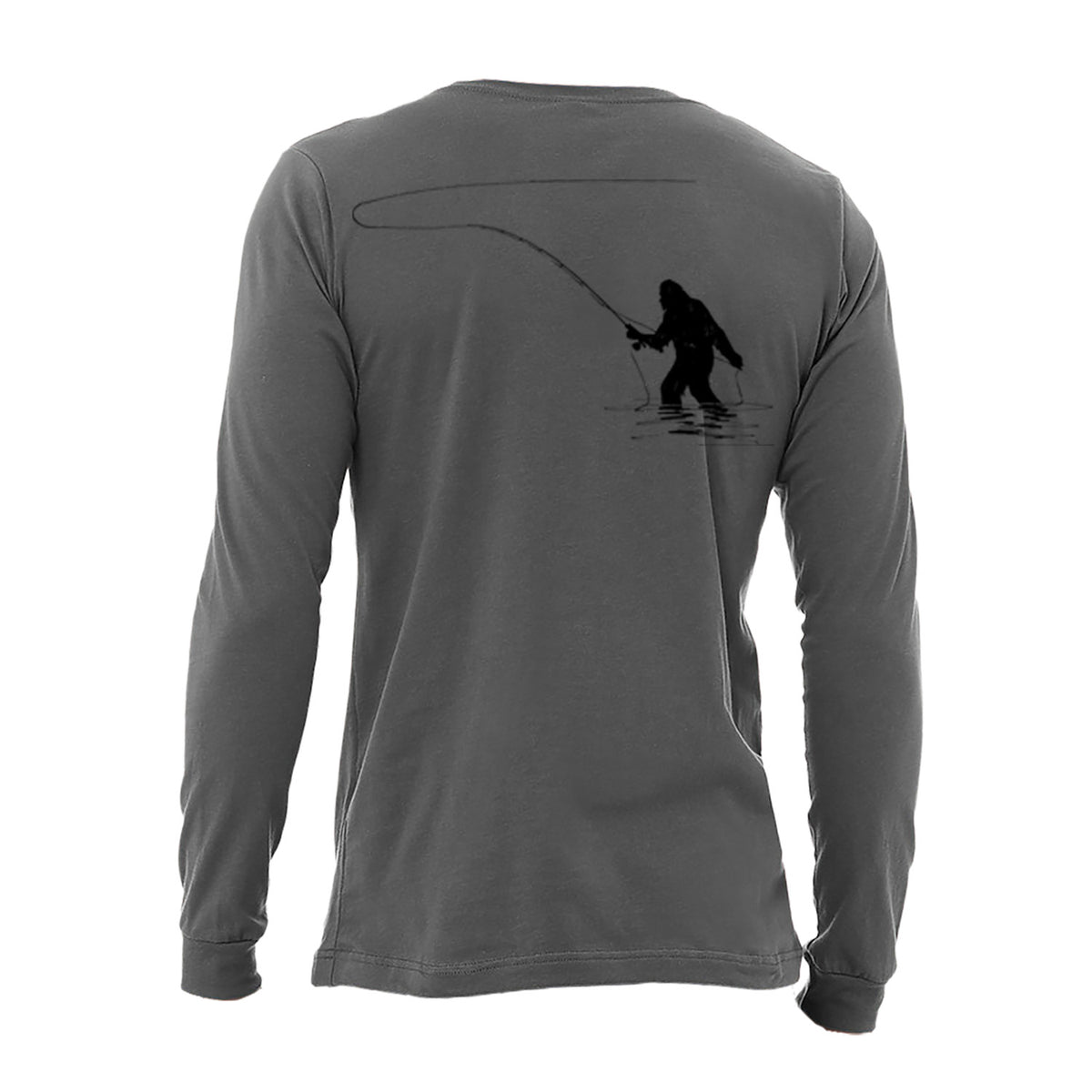 Gray long-sleeve shirt with a fishing Bigfoot graphic on the back