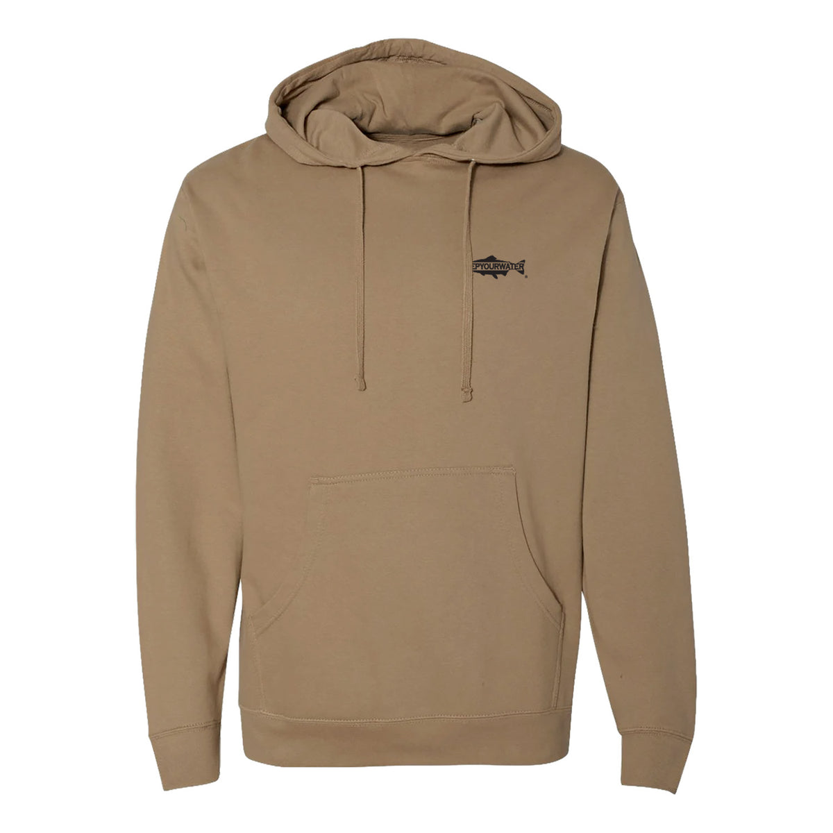 A tan pullover hoodie with a small black fish logo on the left chest, displayed on a clean white background.